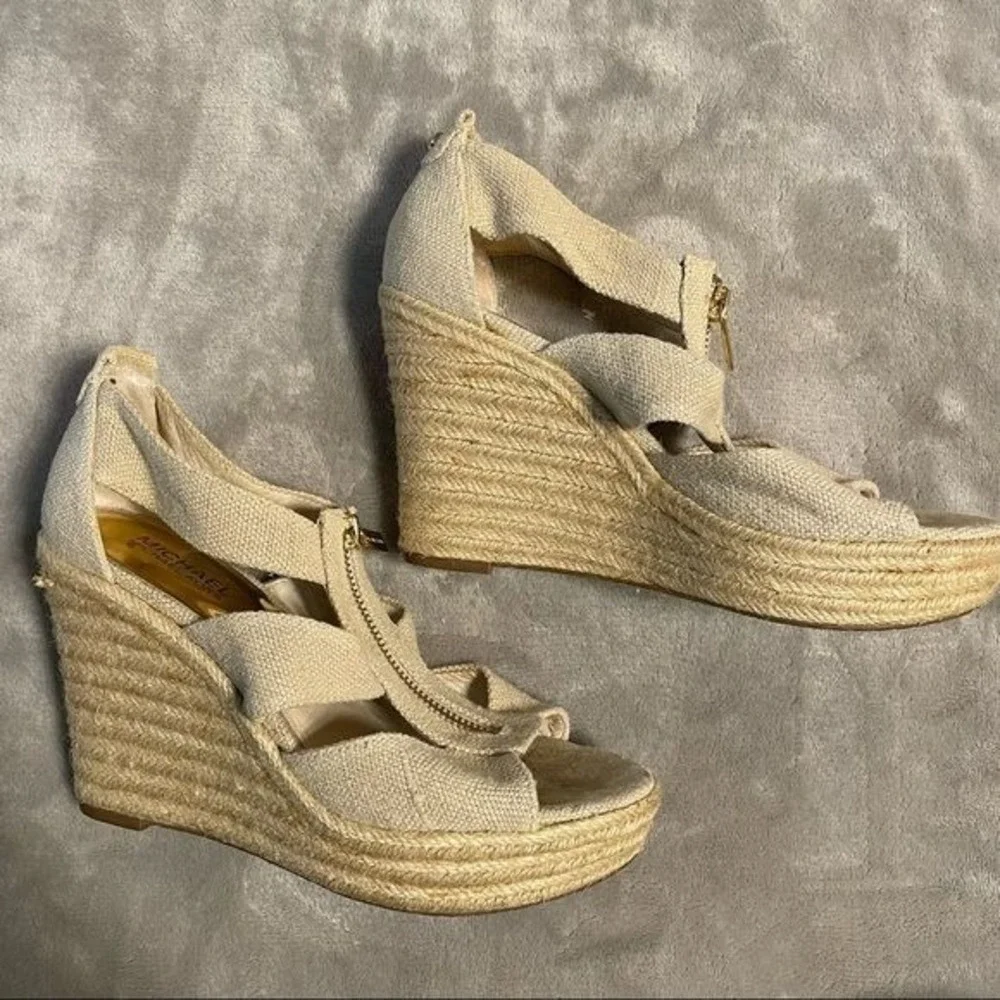 Michael Kors Espadrille Platform Wedge Sandals 8.5 Beige Women Canvas Jute Zip
